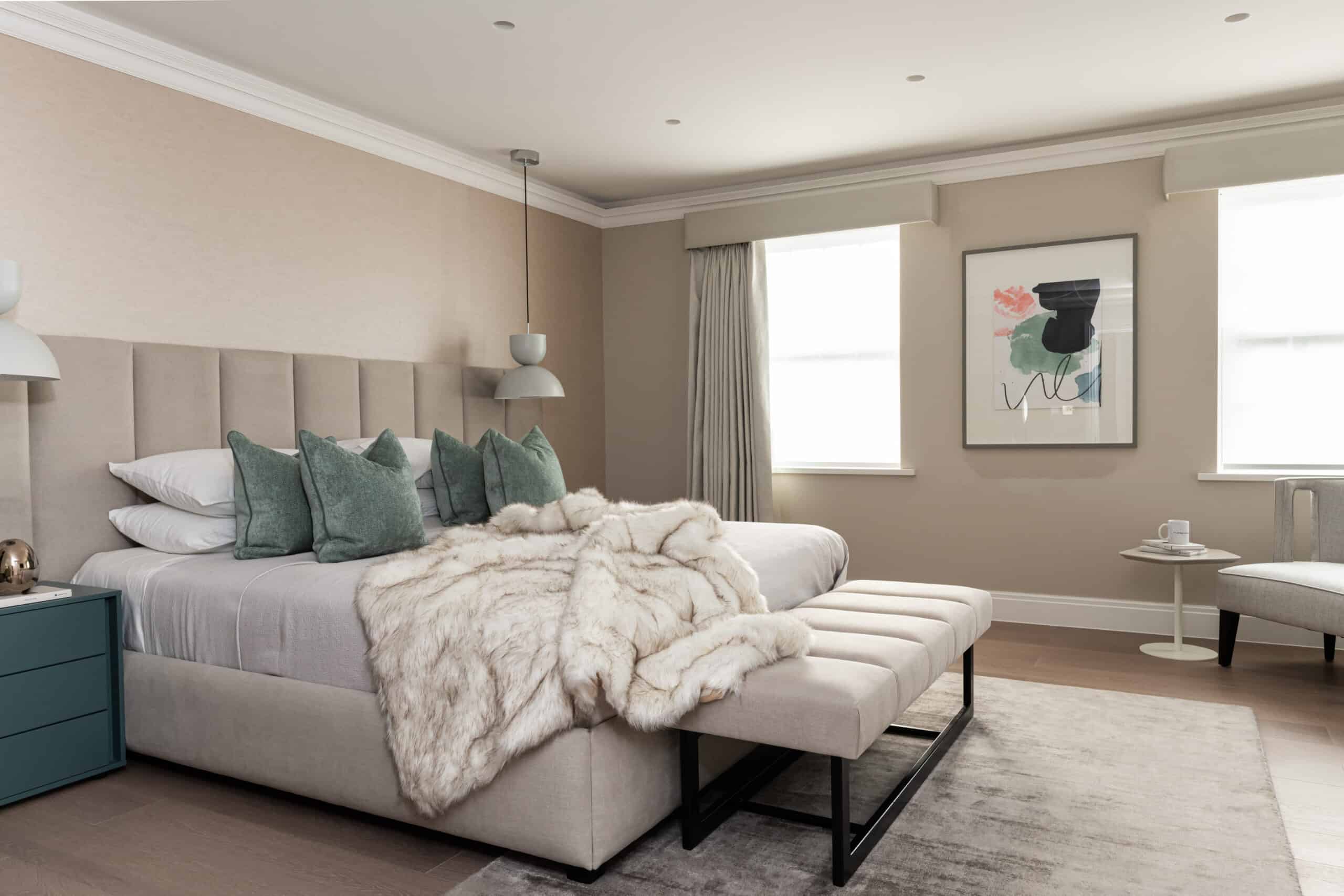 Our Shenfield interior designer used pendants and well-balanced textures through beddings and rugs.